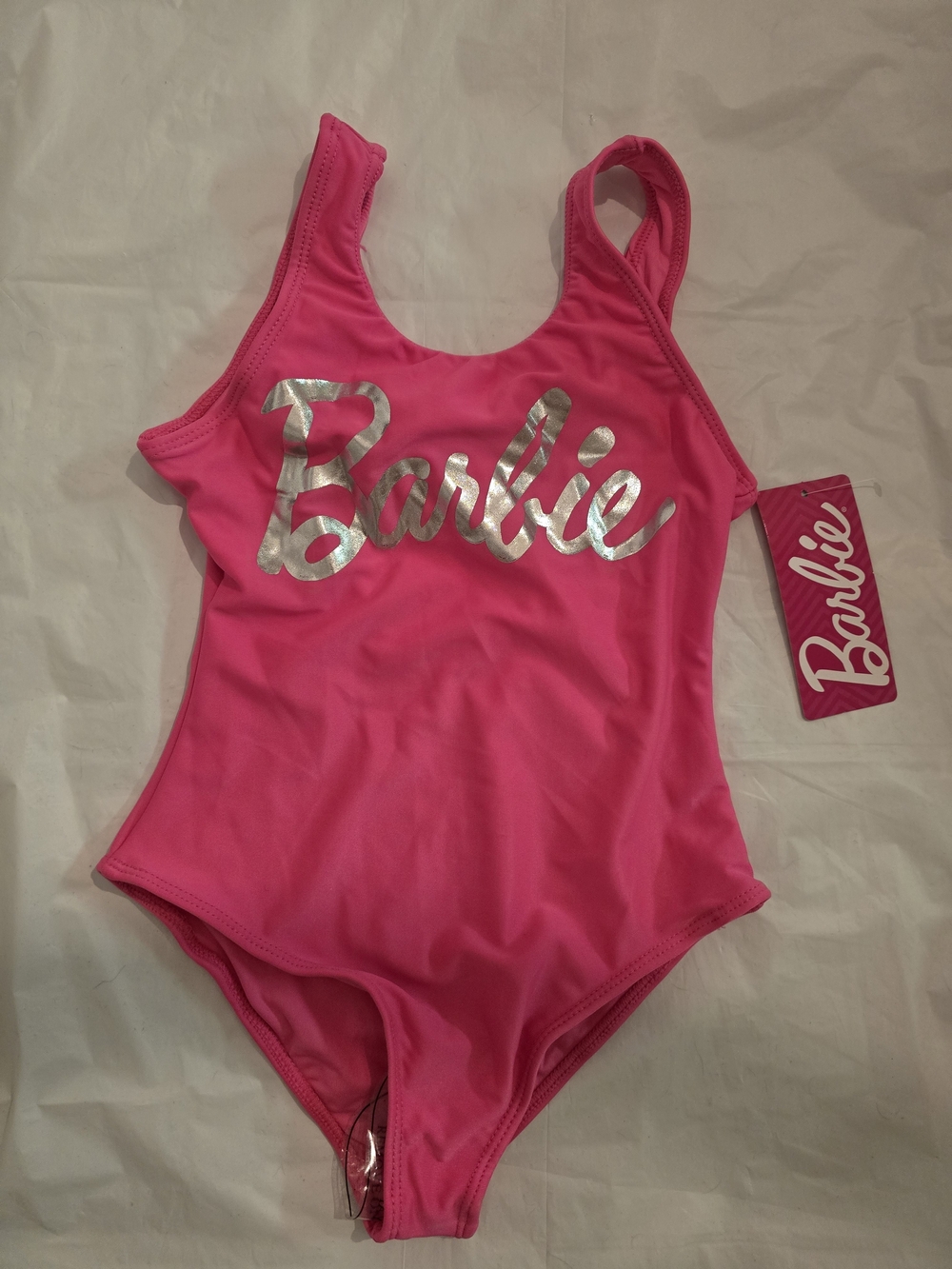 Barbie Hot Pink One-Piece Girls Swimsuit with Silver Logo